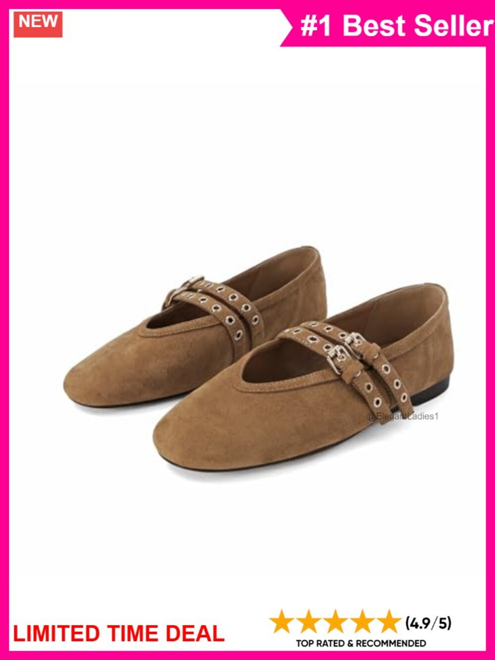 Suede Mary Jane Flats Perforated Round Toe Double Buckle Ballet Shoes